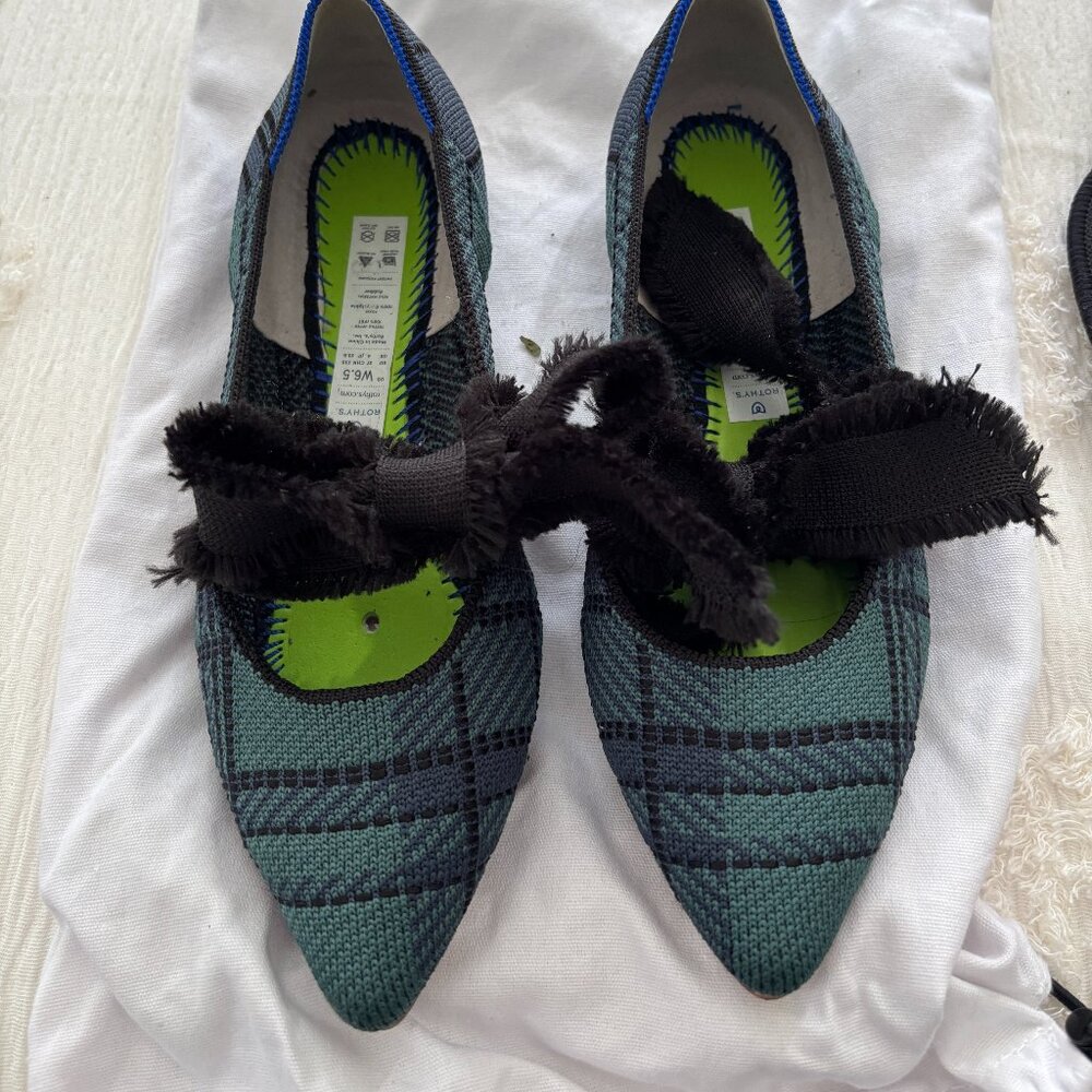 Rothy's Bow Mary Jane Flats - 2 Pairs - Black + Blue/Green Plaid - Both Size 6.5